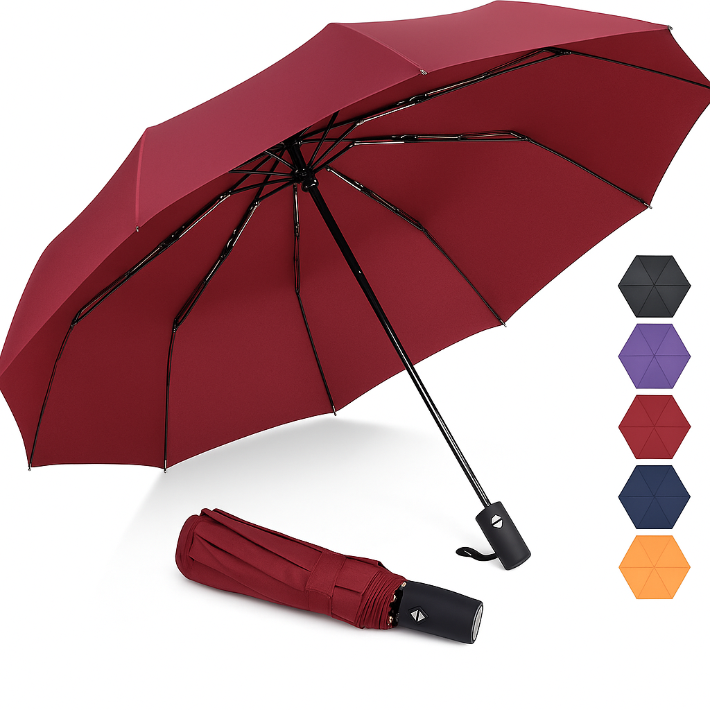 10 Ribs Portable Collapsible Umbrellas for Rain Windproof | Maroon